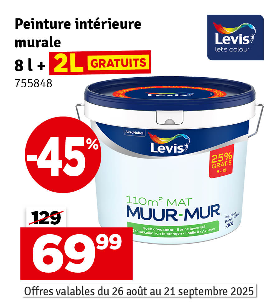Peinture pour murs blanche mate 8 + 2 L gratuit LEVIS
